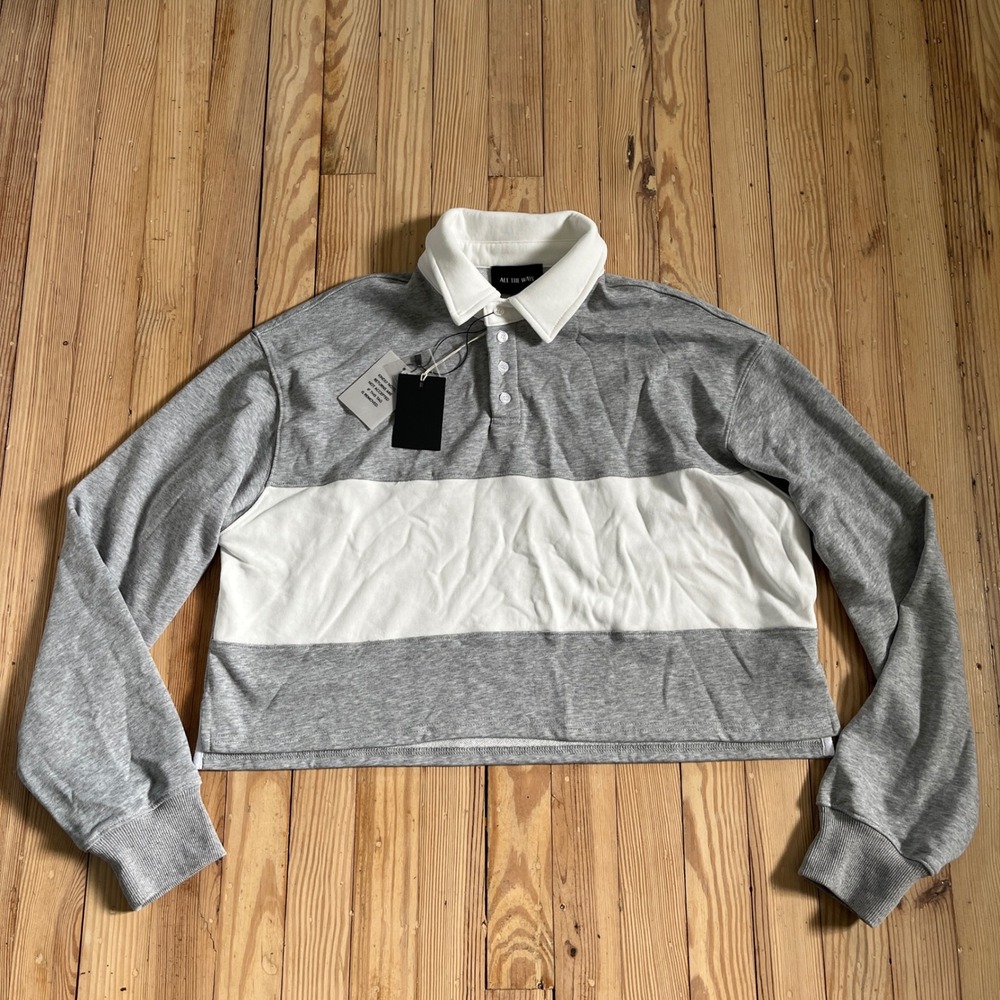 ALL THE WAYS Rugby Polo Women Large Grey White Striped Cropped Long Sleeve Shirt